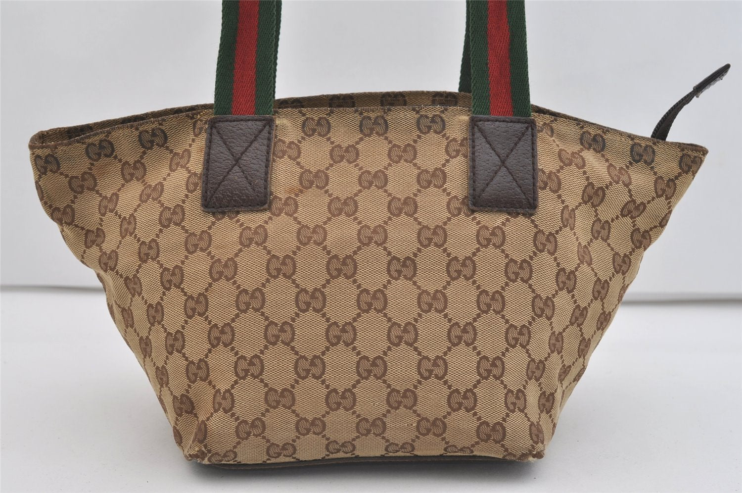 Authentic GUCCI Web Sherry Line Tote Hand Bag GG Canvas Leather Brown 4206J