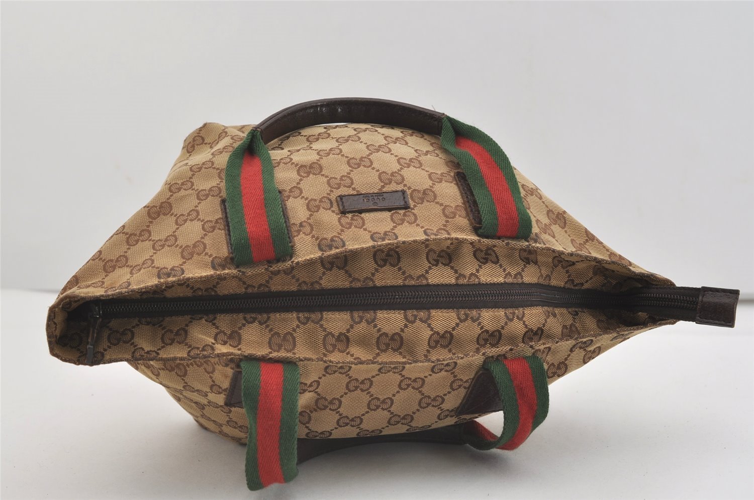 Authentic GUCCI Web Sherry Line Tote Hand Bag GG Canvas Leather Brown 4206J