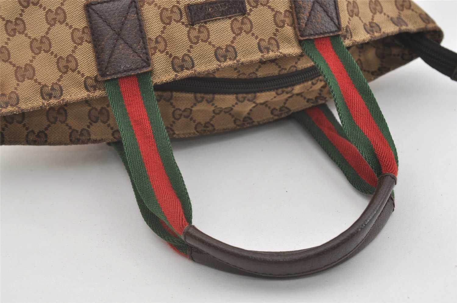 Authentic GUCCI Web Sherry Line Tote Hand Bag GG Canvas Leather Brown 4206J