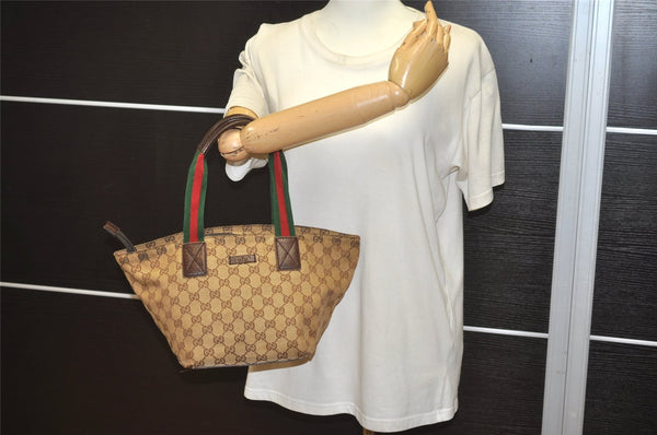 Authentic GUCCI Web Sherry Line Tote Hand Bag GG Canvas Leather Brown 4206J