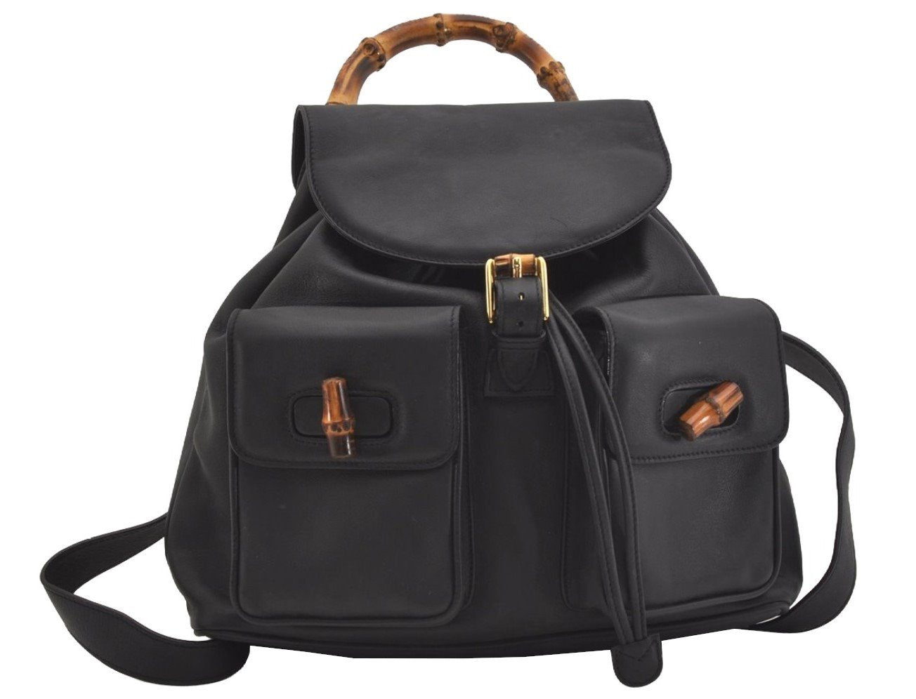 Authentic GUCCI Vintage Bamboo Drawstring Backpack Purse Leather Black 4207J