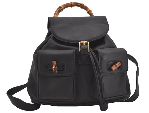 Authentic GUCCI Vintage Bamboo Drawstring Backpack Purse Leather Black 4207J