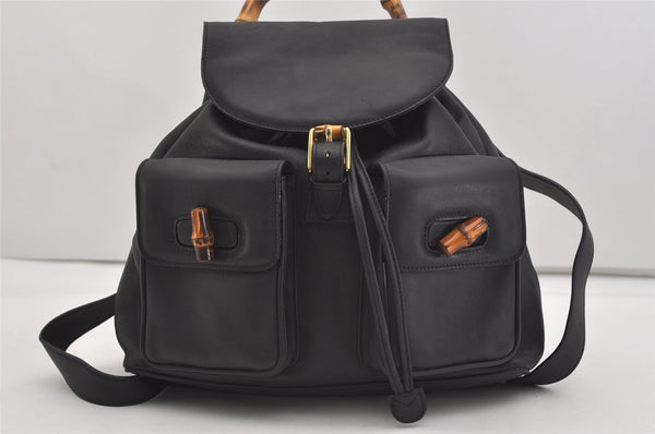 Authentic GUCCI Vintage Bamboo Drawstring Backpack Purse Leather Black 4207J