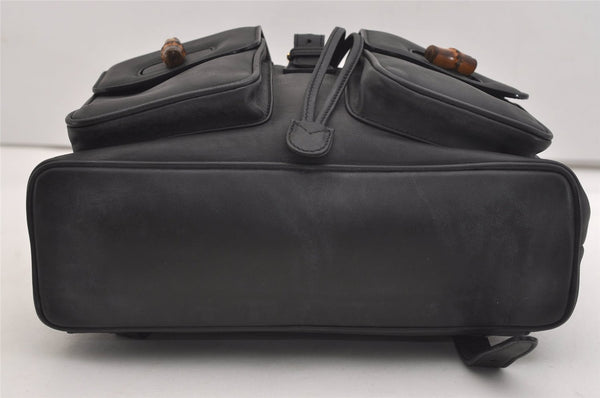 Authentic GUCCI Vintage Bamboo Drawstring Backpack Purse Leather Black 4207J