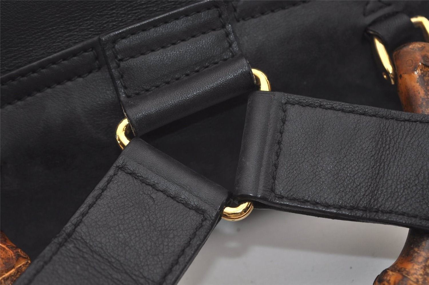 Authentic GUCCI Vintage Bamboo Drawstring Backpack Purse Leather Black 4207J