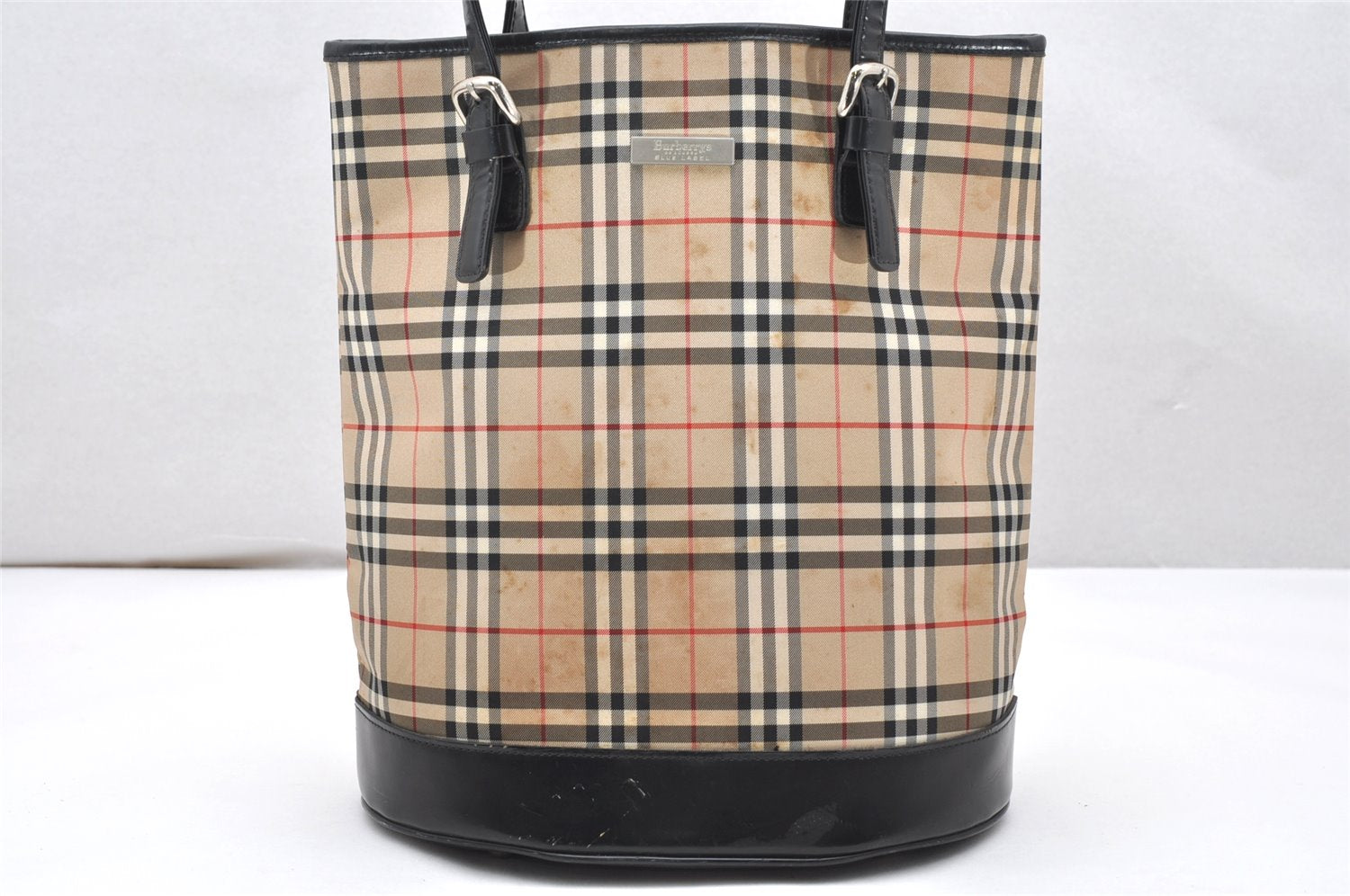 Auth Burberrys BLUE LABEL Check Shoulder Tote Bag Canvas Leather Beige 4208K