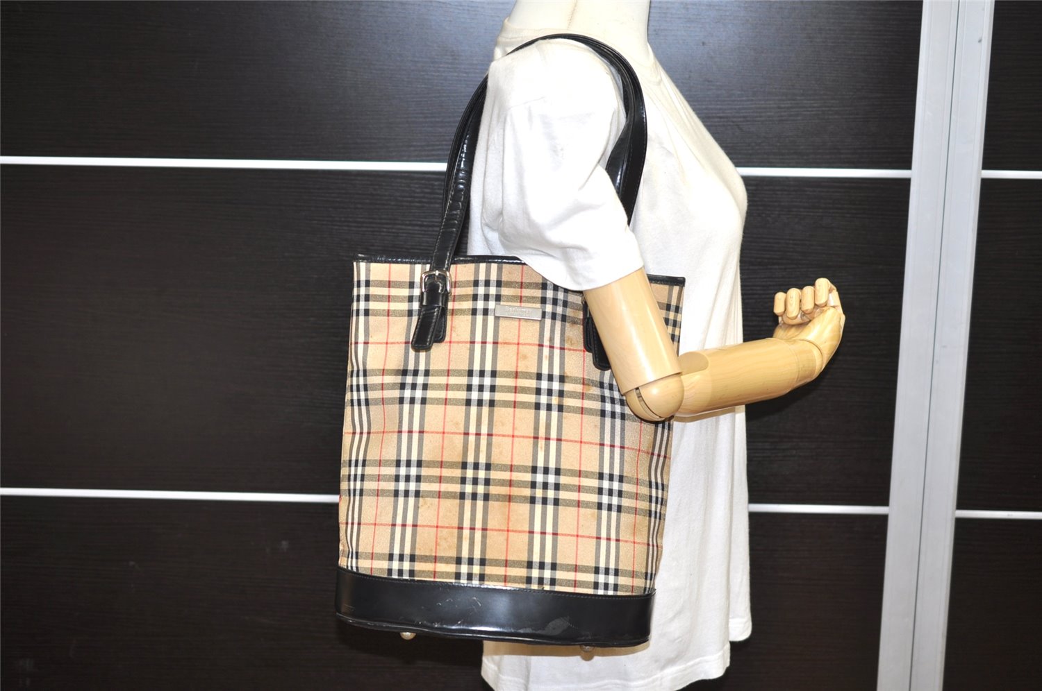 Auth Burberrys BLUE LABEL Check Shoulder Tote Bag Canvas Leather Beige 4208K