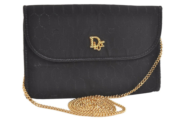 Authentic Christian Dior Honeycomb Shoulder Bag Chain Canvas Leather Black 4209K