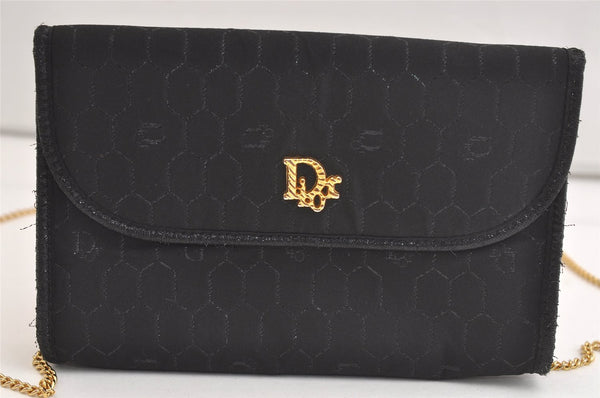 Authentic Christian Dior Honeycomb Shoulder Bag Chain Canvas Leather Black 4209K