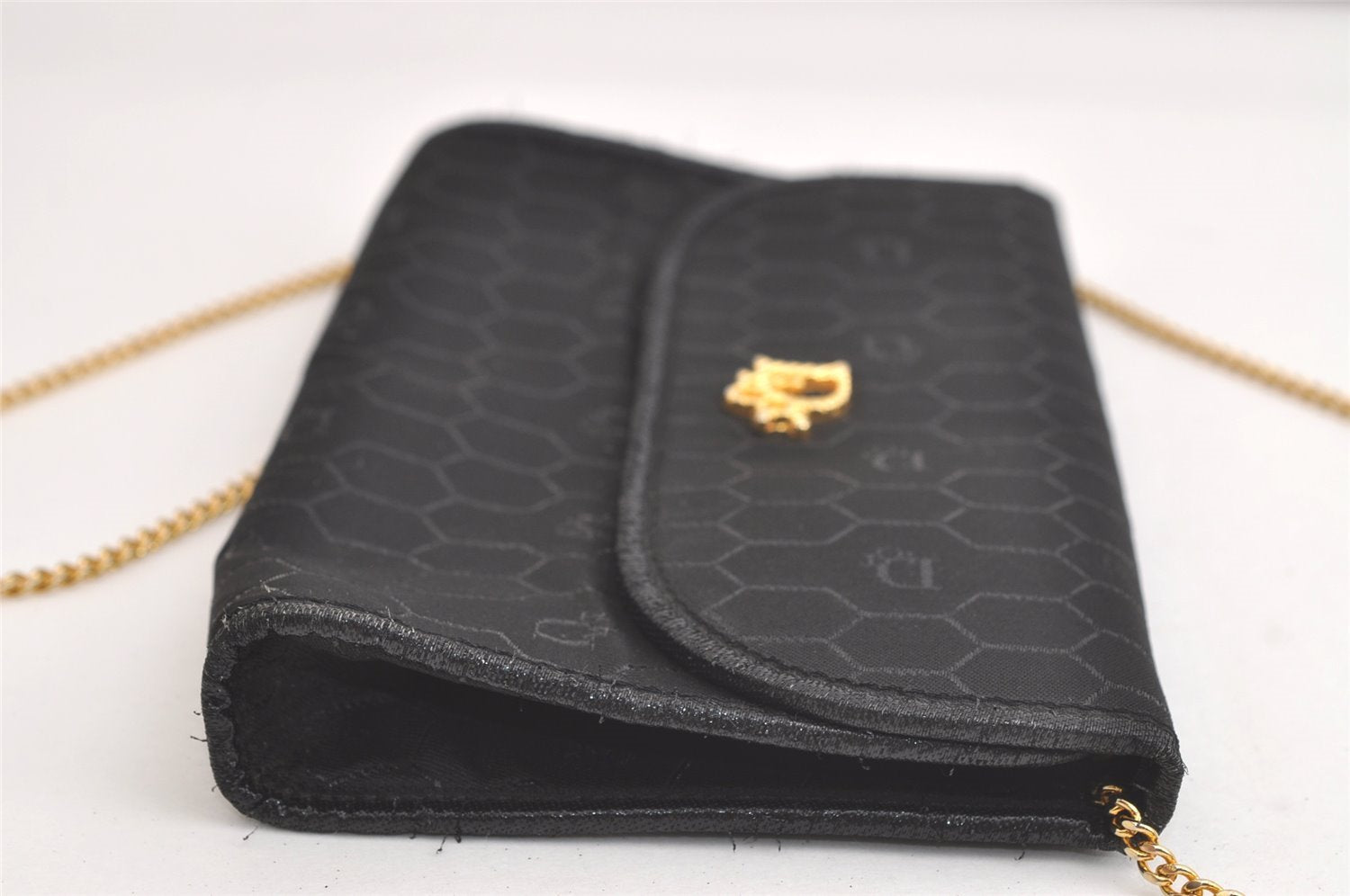 Authentic Christian Dior Honeycomb Shoulder Bag Chain Canvas Leather Black 4209K