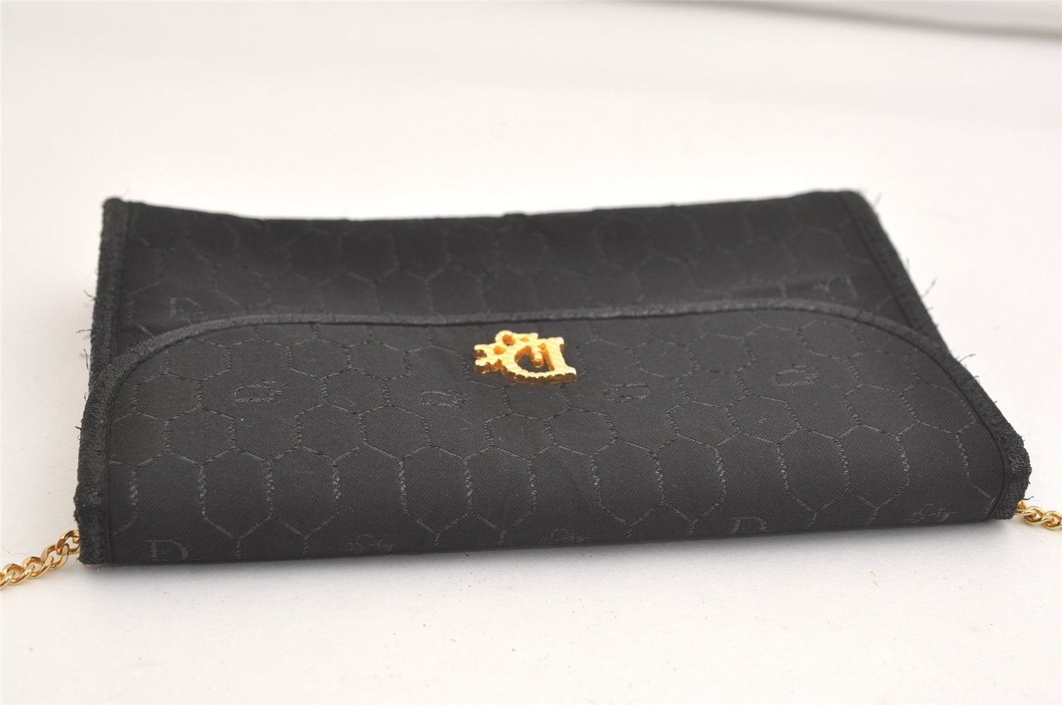 Authentic Christian Dior Honeycomb Shoulder Bag Chain Canvas Leather Black 4209K