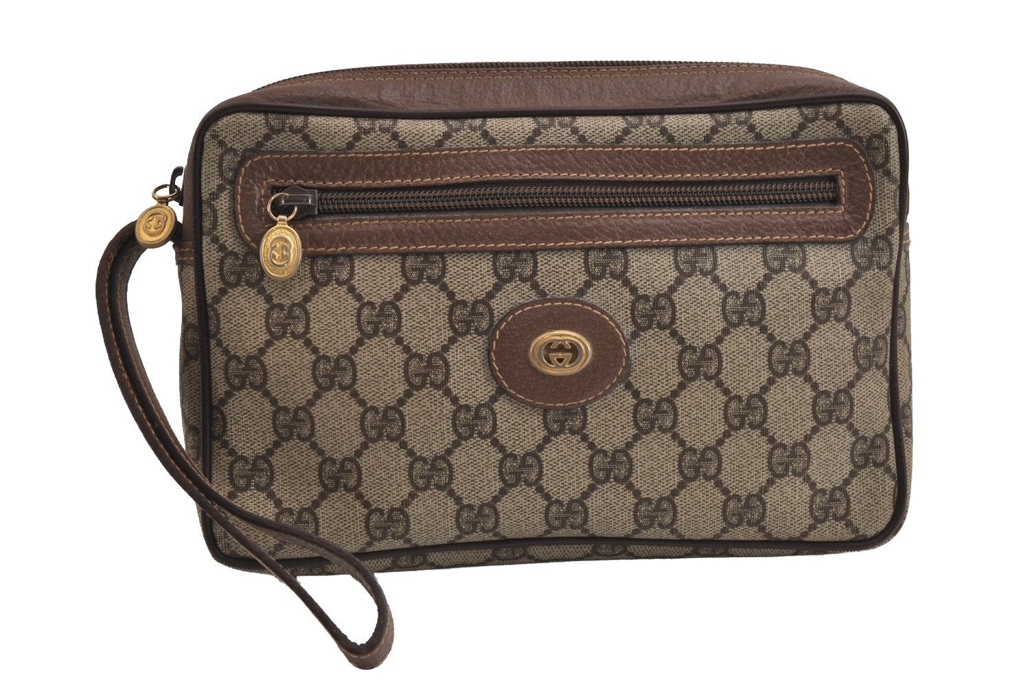 Authentic GUCCI Vintage Clutch Hand Bag Purse GG PVC Leather Brown 4210J