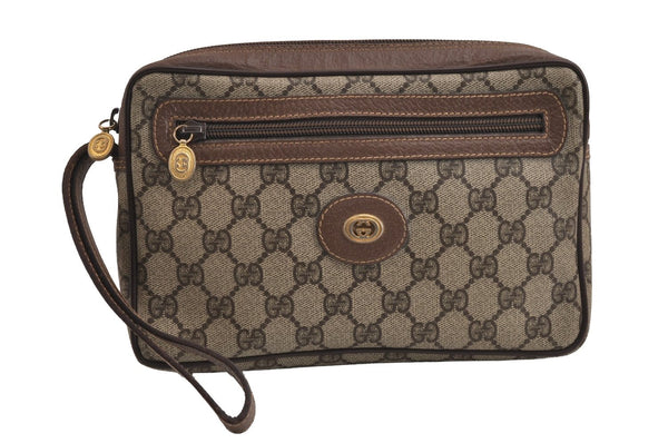 Authentic GUCCI Vintage Clutch Hand Bag Purse GG PVC Leather Brown 4210J