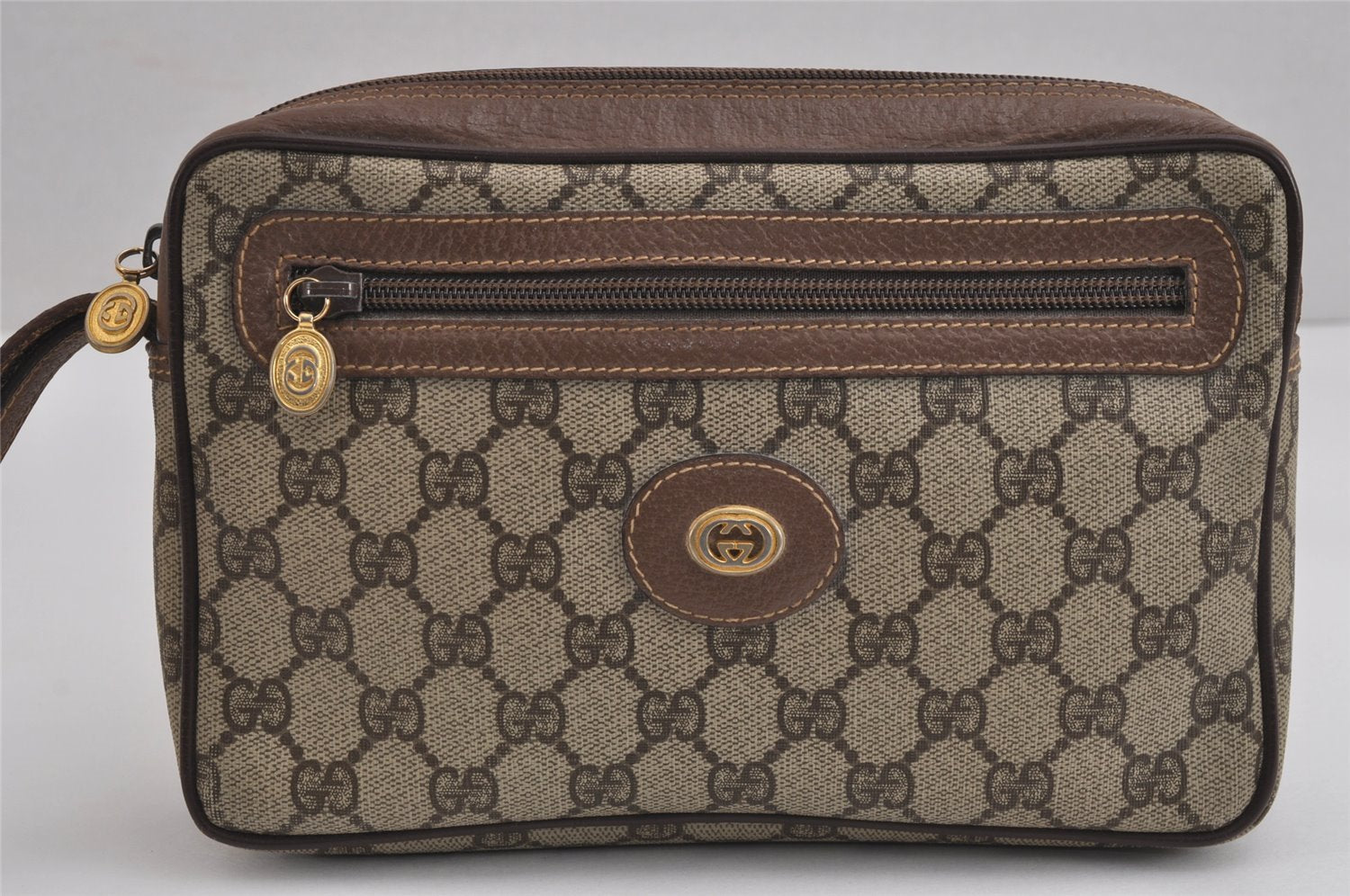 Authentic GUCCI Vintage Clutch Hand Bag Purse GG PVC Leather Brown 4210J