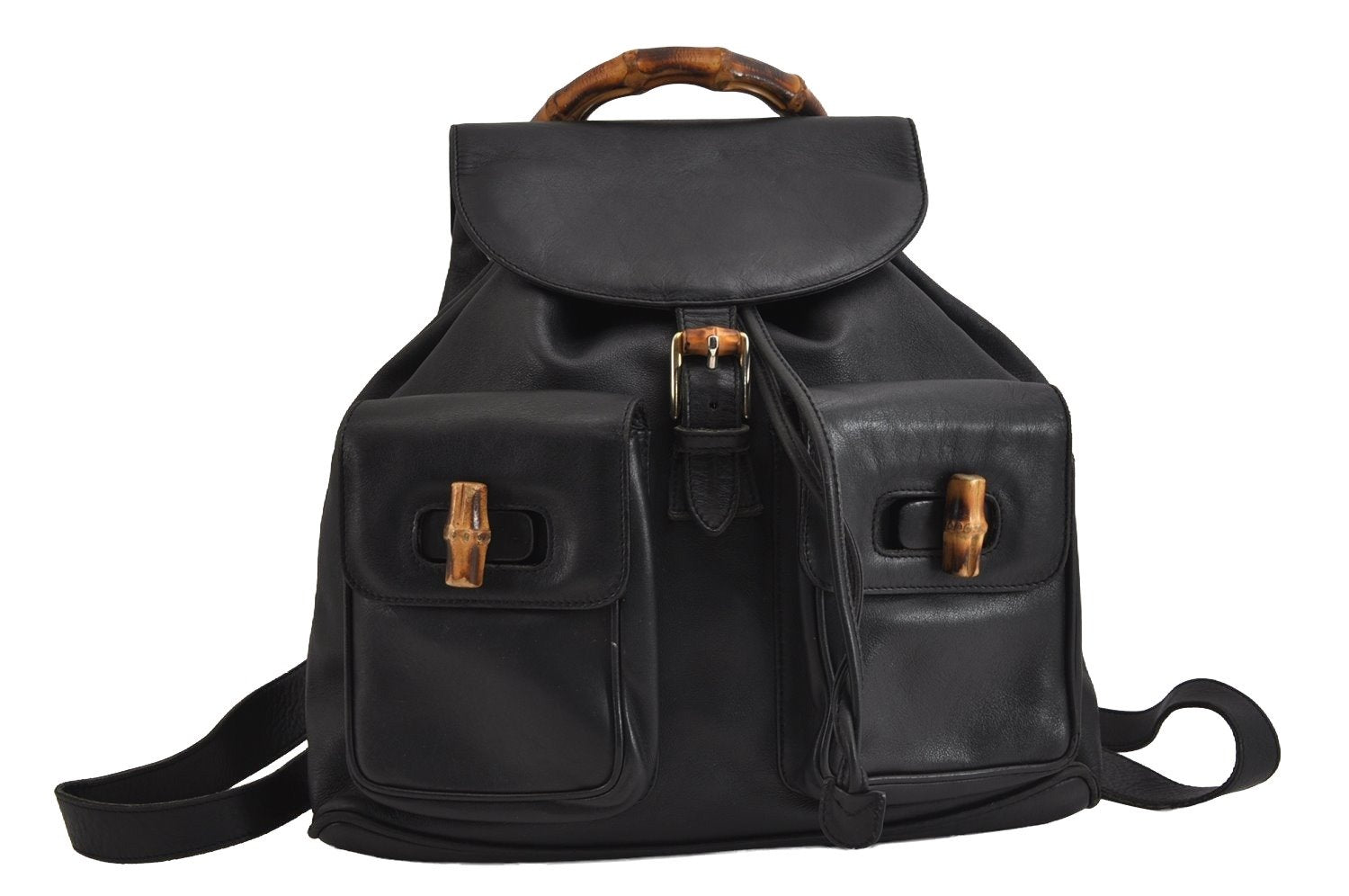 Authentic GUCCI Vintage Bamboo Drawstring Backpack Purse Leather Black 4216J