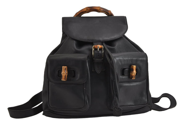 Authentic GUCCI Vintage Bamboo Drawstring Backpack Purse Leather Black 4216J