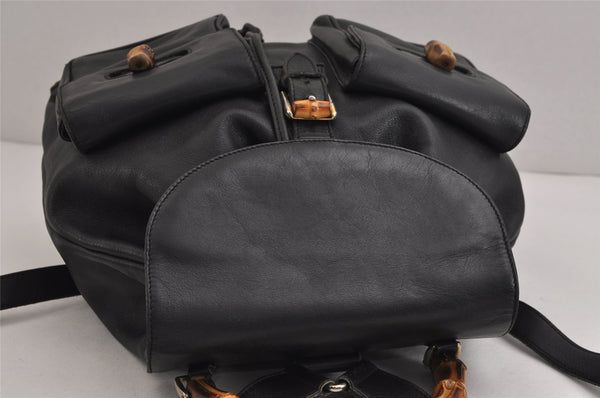 Authentic GUCCI Vintage Bamboo Drawstring Backpack Purse Leather Black 4216J