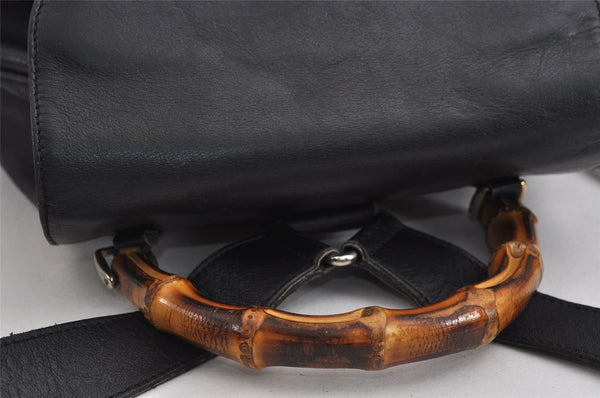 Authentic GUCCI Vintage Bamboo Drawstring Backpack Purse Leather Black 4216J