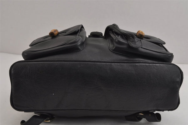 Authentic GUCCI Vintage Bamboo Drawstring Backpack Purse Leather Black 4216J