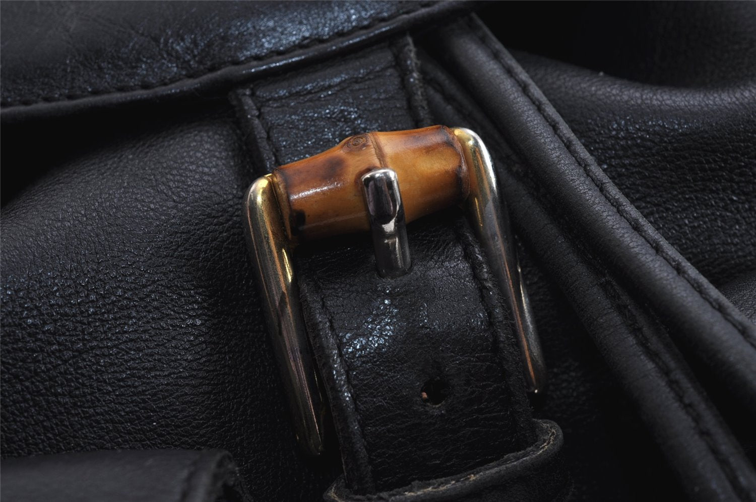 Authentic GUCCI Vintage Bamboo Drawstring Backpack Purse Leather Black 4216J
