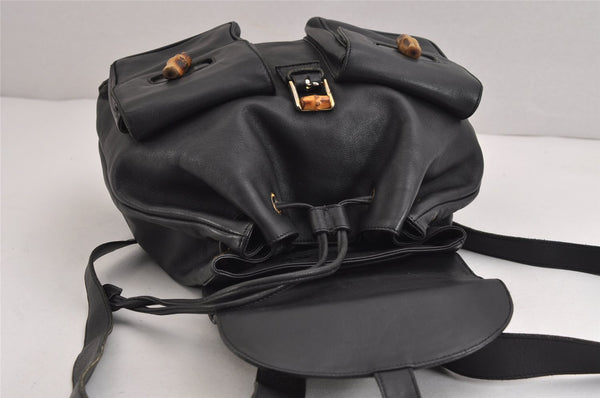 Authentic GUCCI Vintage Bamboo Drawstring Backpack Purse Leather Black 4216J