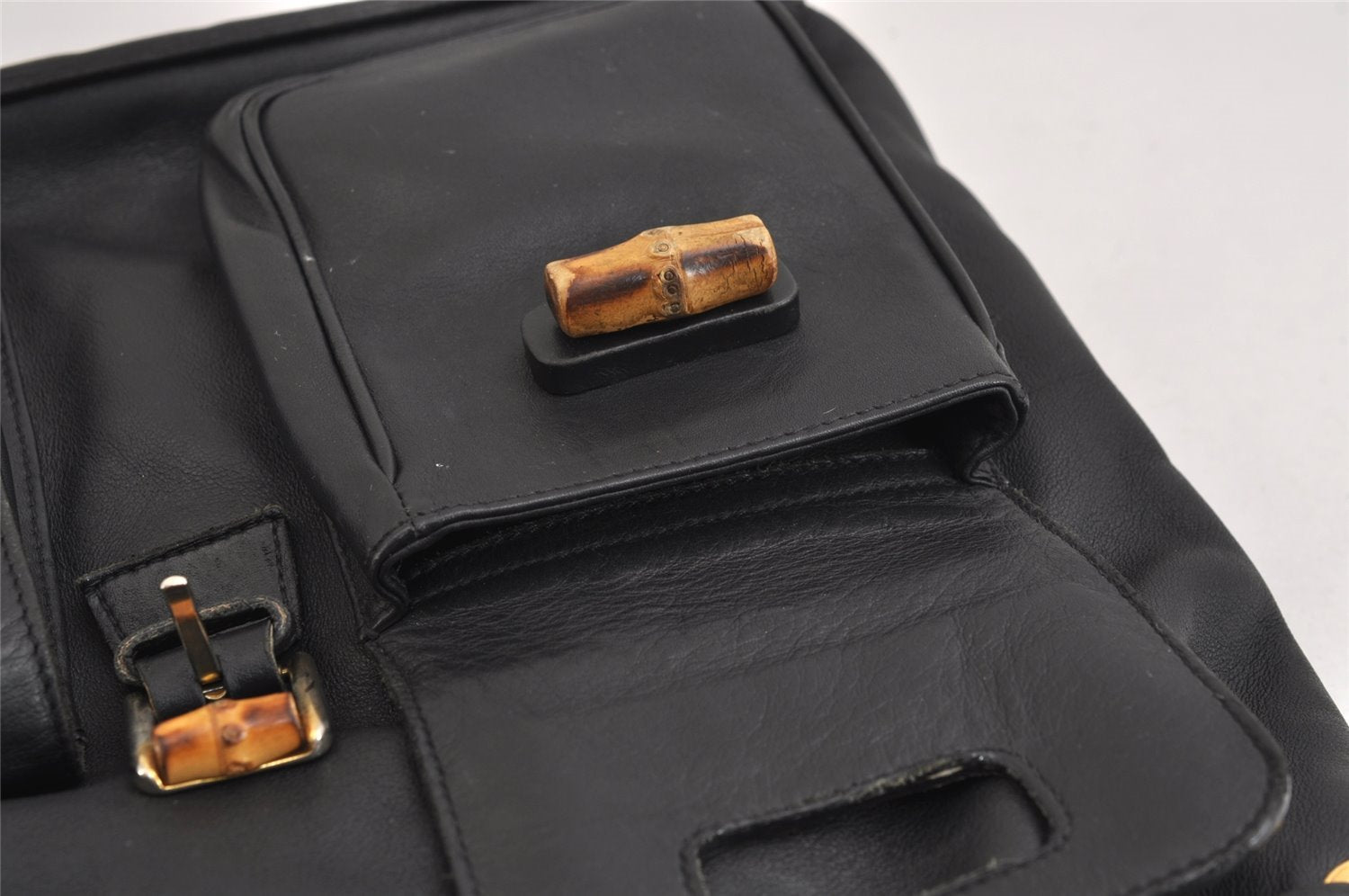 Authentic GUCCI Vintage Bamboo Drawstring Backpack Purse Leather Black 4216J