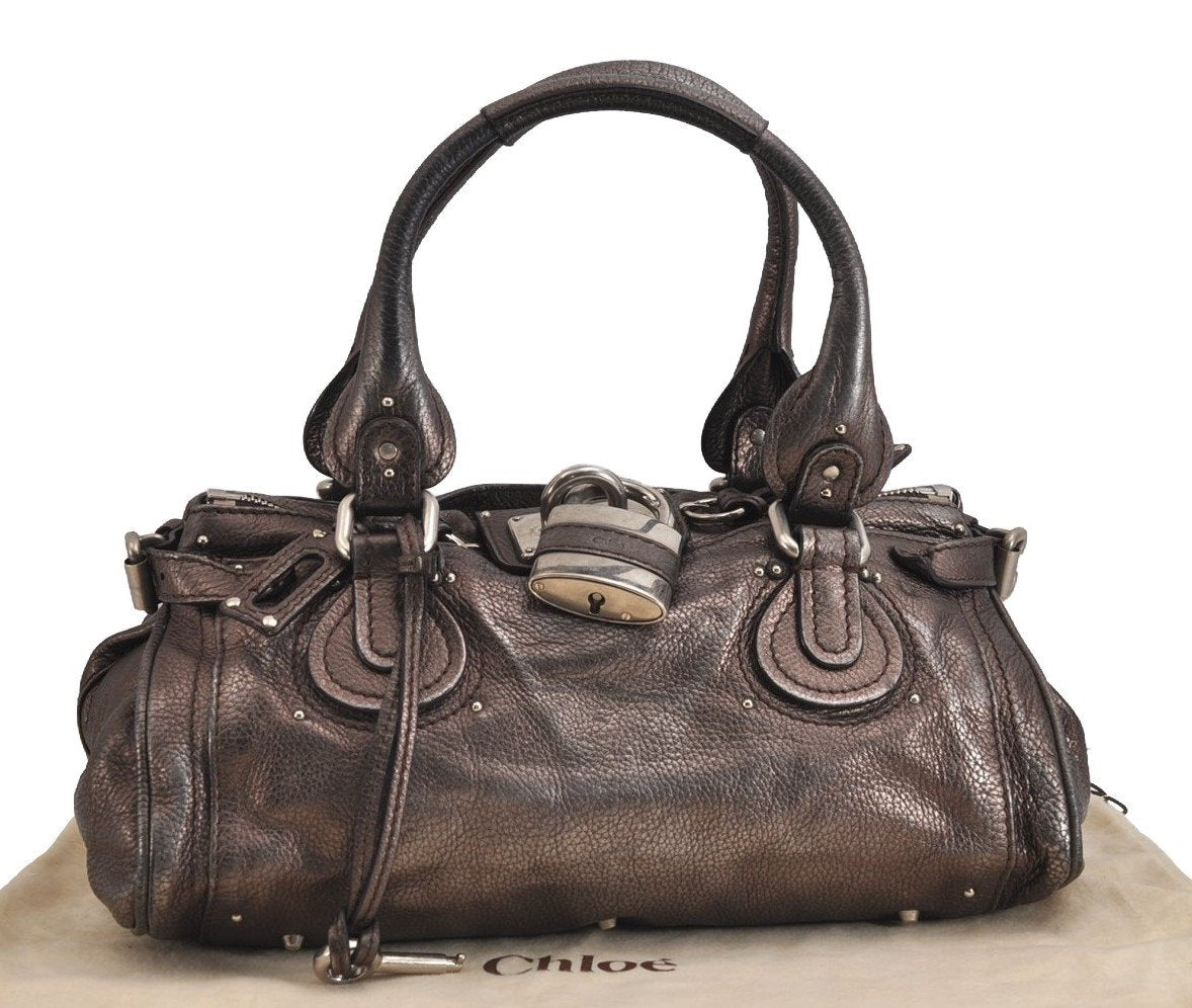 Authentic Chloe Vintage Paddington Leather Shoulder Hand Bag Brown Black 4217J