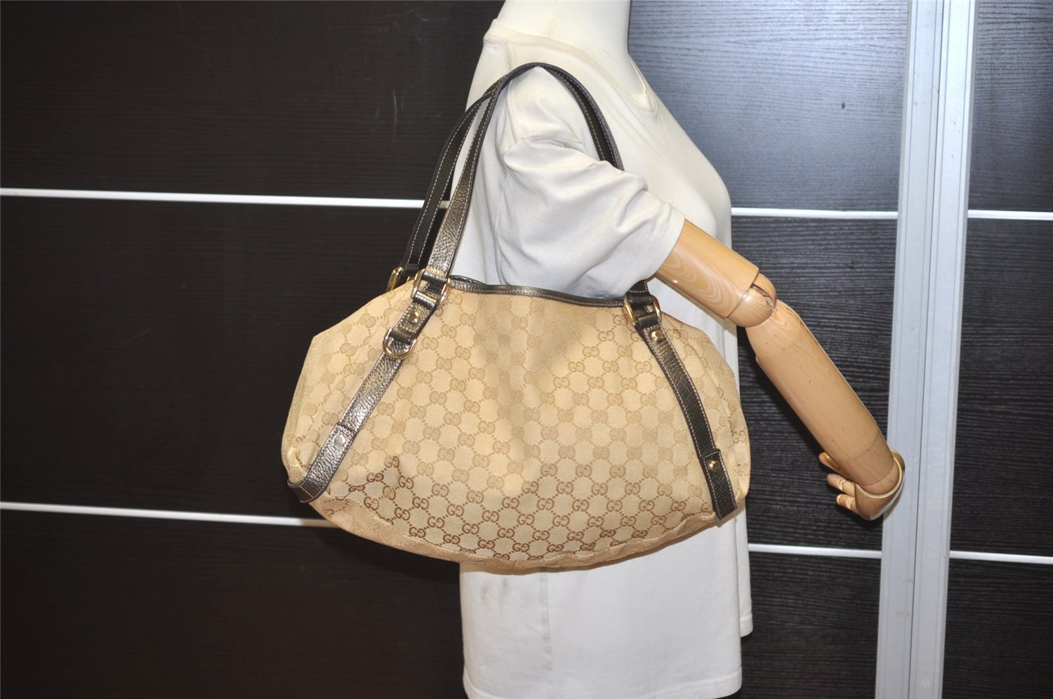 Authentic GUCCI Abbey Shoulder Tote Bag GG Canvas Leather 130736 Beige 4219J