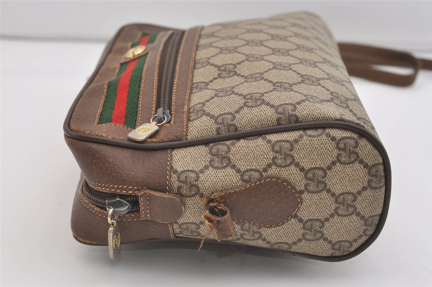 Authentic GUCCI Web Sherry Line Shoulder Bag GG PVC Leather Brown Junk 4220J