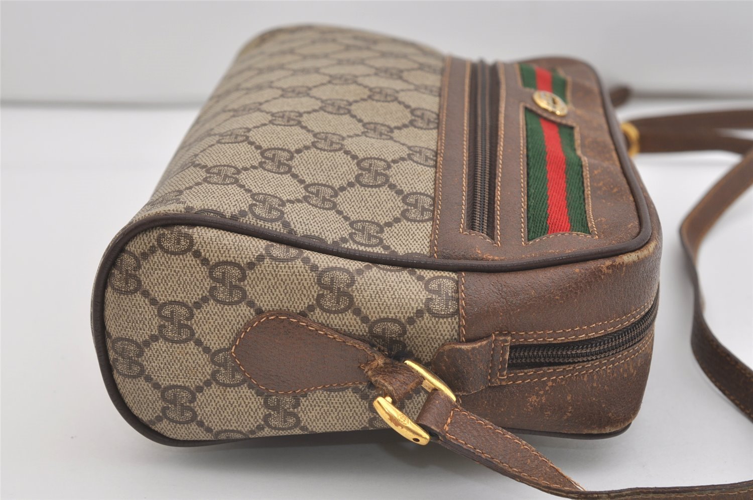 Authentic GUCCI Web Sherry Line Shoulder Bag GG PVC Leather Brown Junk 4220J