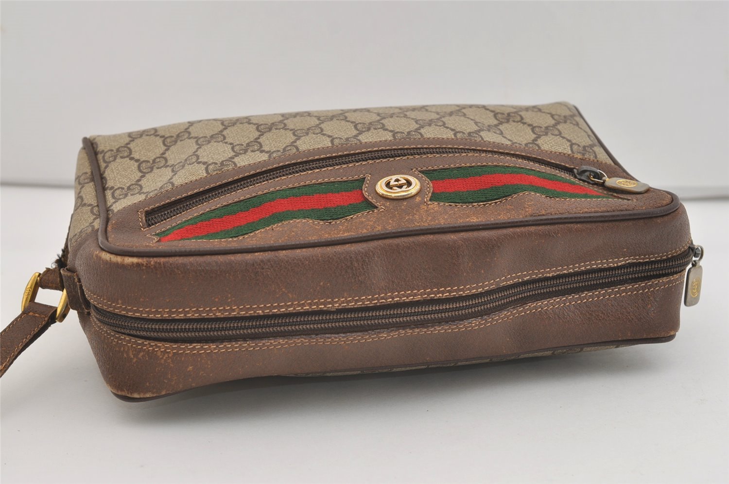 Authentic GUCCI Web Sherry Line Shoulder Bag GG PVC Leather Brown Junk 4220J