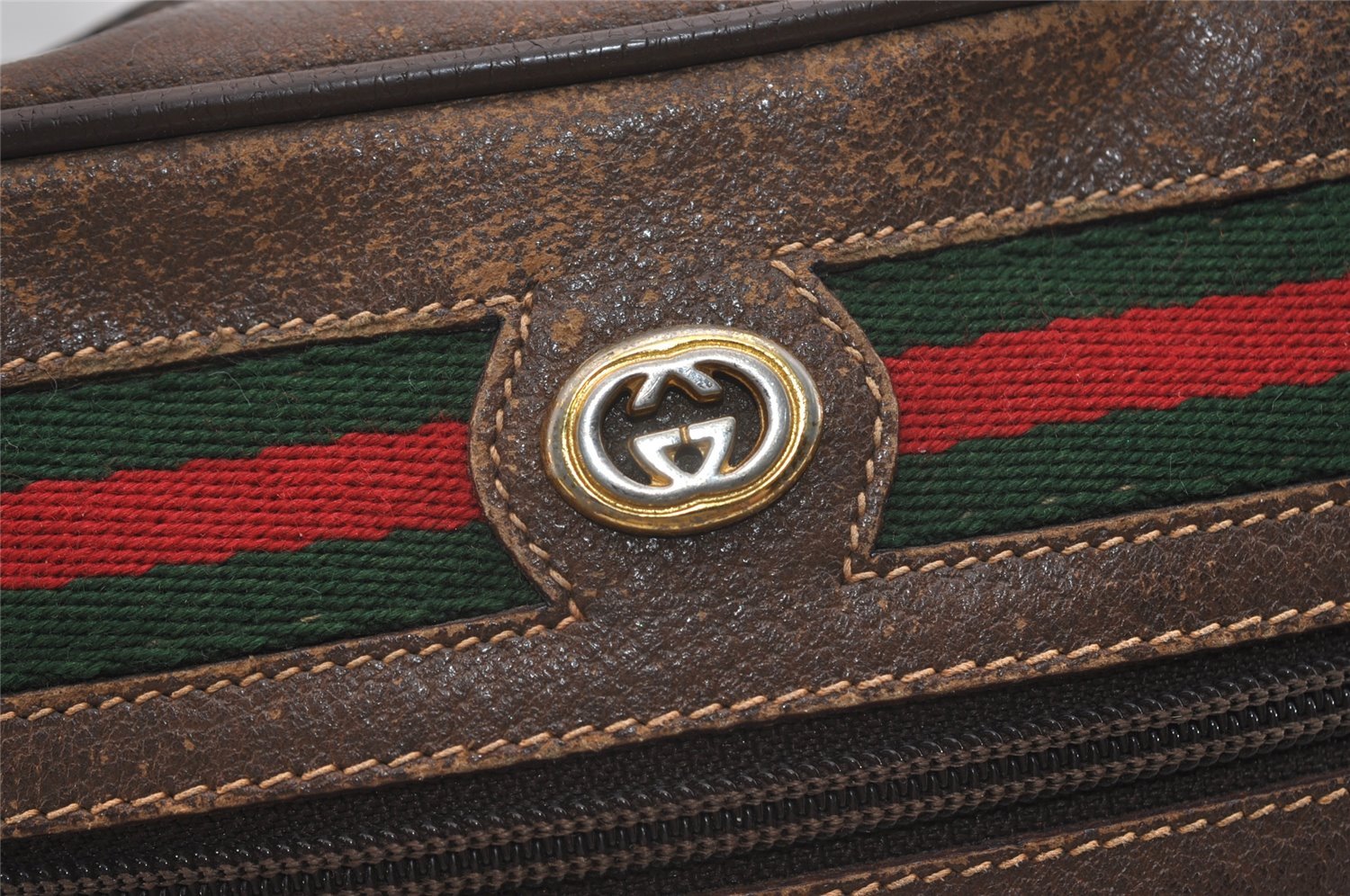 Authentic GUCCI Web Sherry Line Shoulder Bag GG PVC Leather Brown Junk 4220J