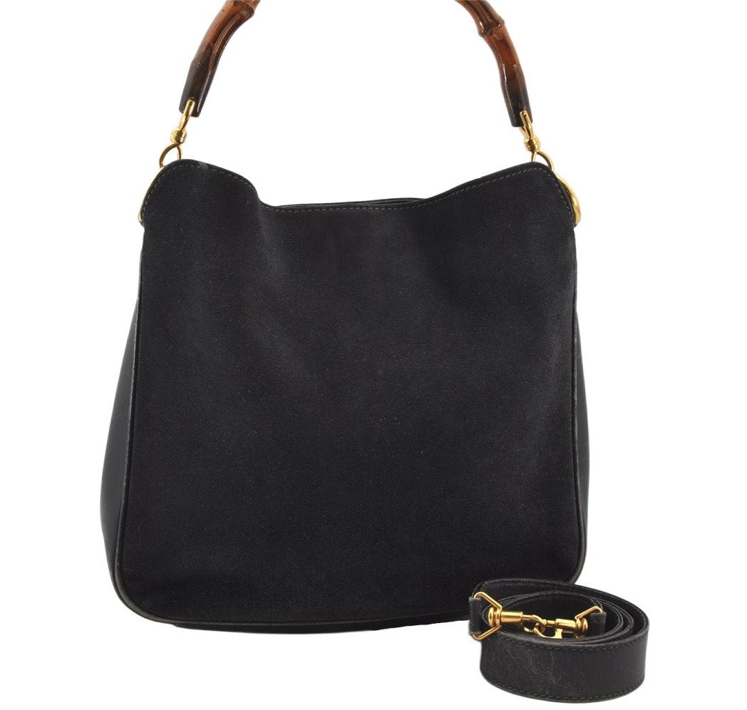 Authentic GUCCI Bamboo 2Way Shoulder Hand Bag Suede Leather Black Junk 4221K