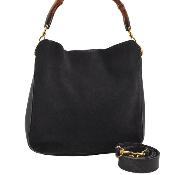 Authentic GUCCI Bamboo 2Way Shoulder Hand Bag Suede Leather Black Junk 4221K