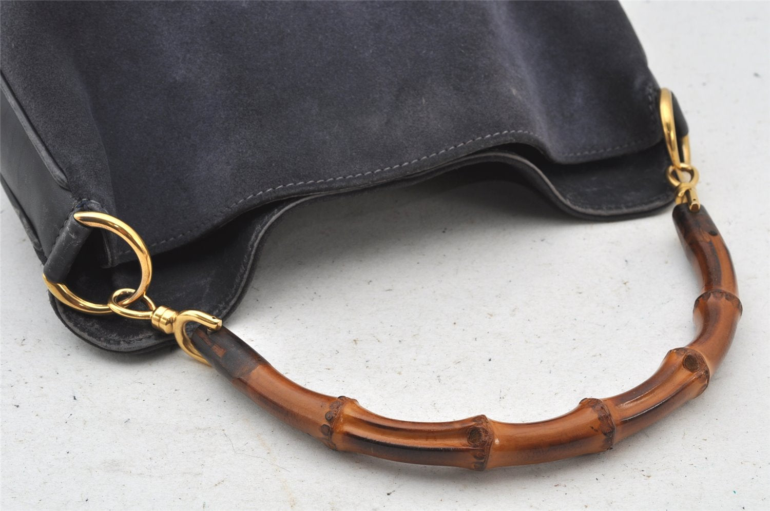 Authentic GUCCI Bamboo 2Way Shoulder Hand Bag Suede Leather Black Junk 4221K