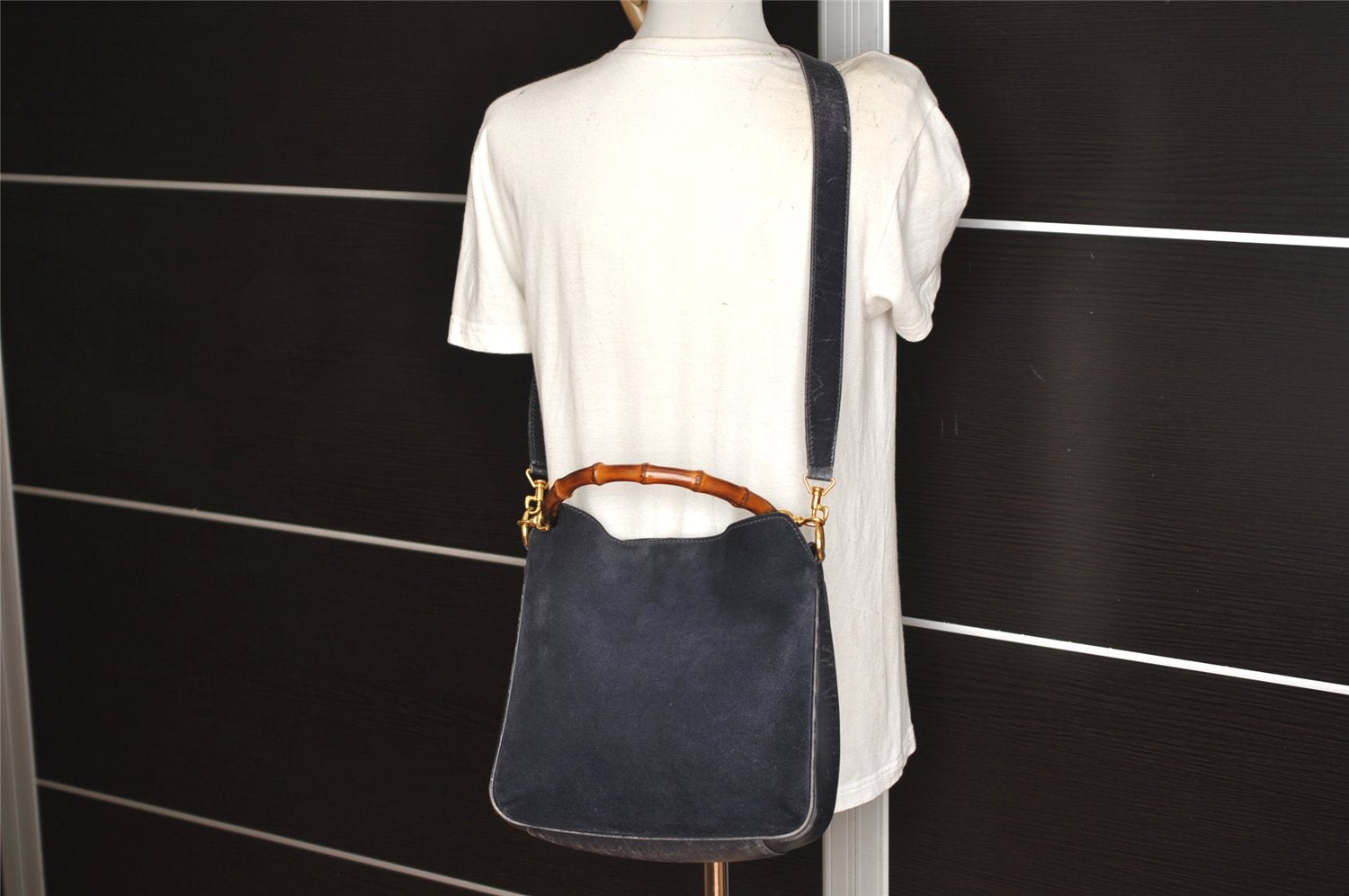 Authentic GUCCI Bamboo 2Way Shoulder Hand Bag Suede Leather Black Junk 4221K