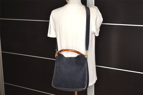 Authentic GUCCI Bamboo 2Way Shoulder Hand Bag Suede Leather Black Junk 4221K