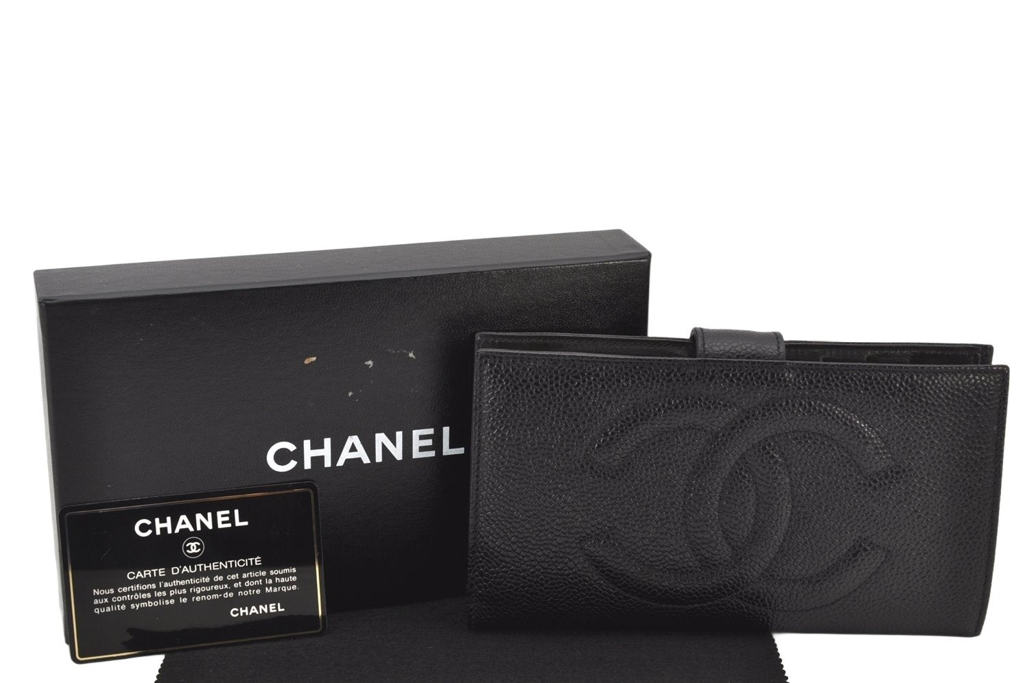 Authentic CHANEL Caviar Skin CC Logo Long Wallet Purse Black Box 4225K