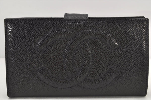 Authentic CHANEL Caviar Skin CC Logo Long Wallet Purse Black Box 4225K