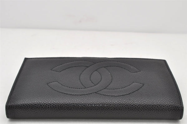 Authentic CHANEL Caviar Skin CC Logo Long Wallet Purse Black Box 4225K