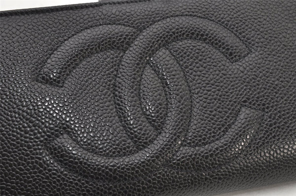 Authentic CHANEL Caviar Skin CC Logo Long Wallet Purse Black Box 4225K