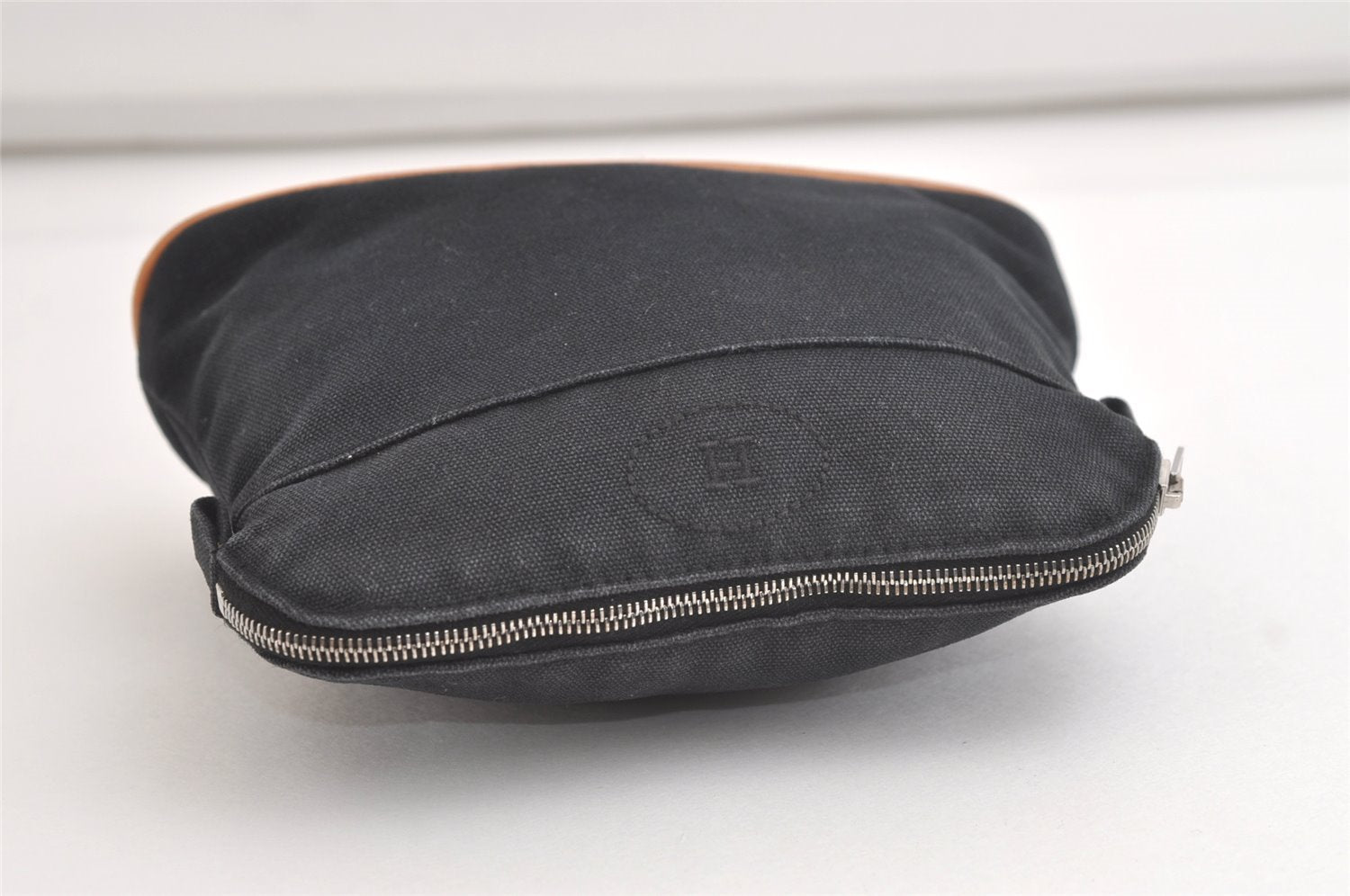 Authentic HERMES Bolide 20 Pouch Cosmetic Cotton Canvas Leather Black 4226K