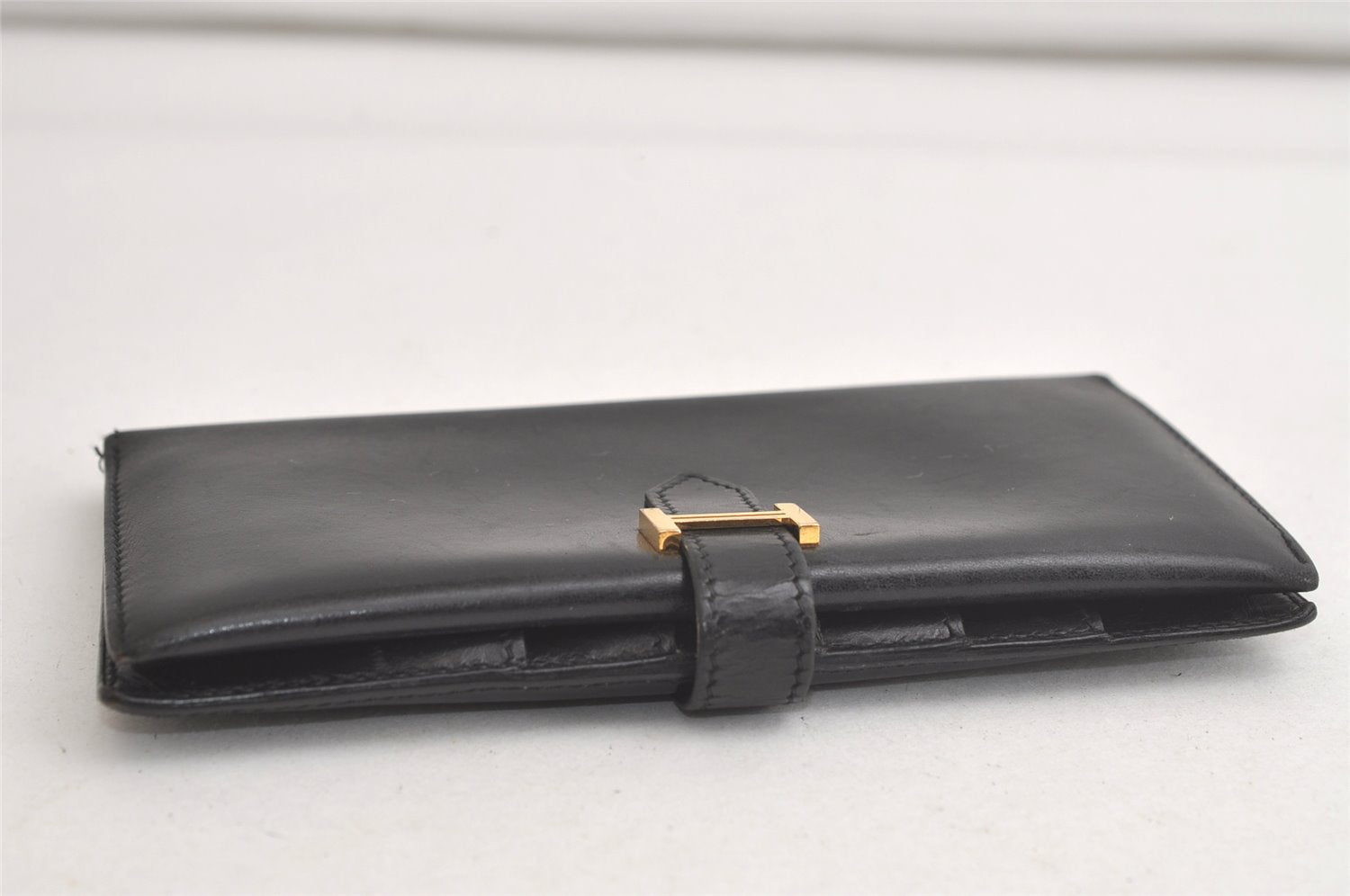 Authentic HERMES Bearn Classic Leather Long Wallet Purse Black 4227K