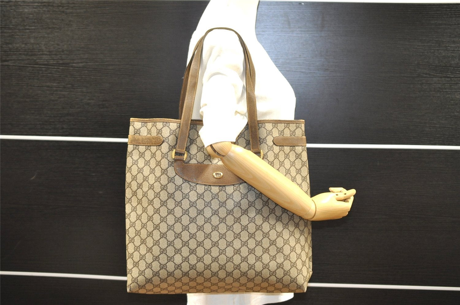 Authentic GUCCI Vintage Shoulder Hand Tote Bag GG PVC Leather Brown 4234I