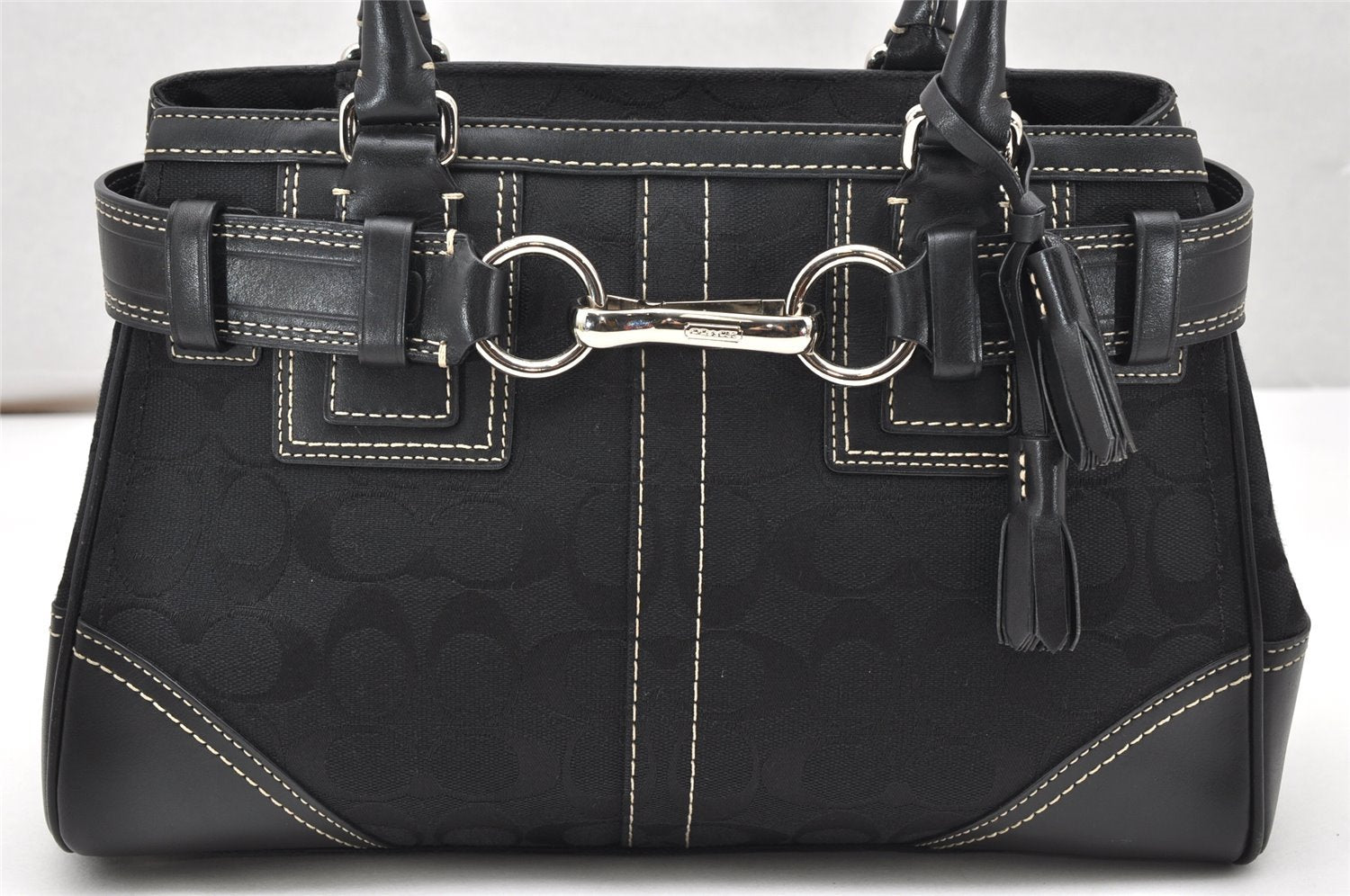 Authentic COACH Signature Hand Bag Purse Canvas Leather 10245 Black 4239K