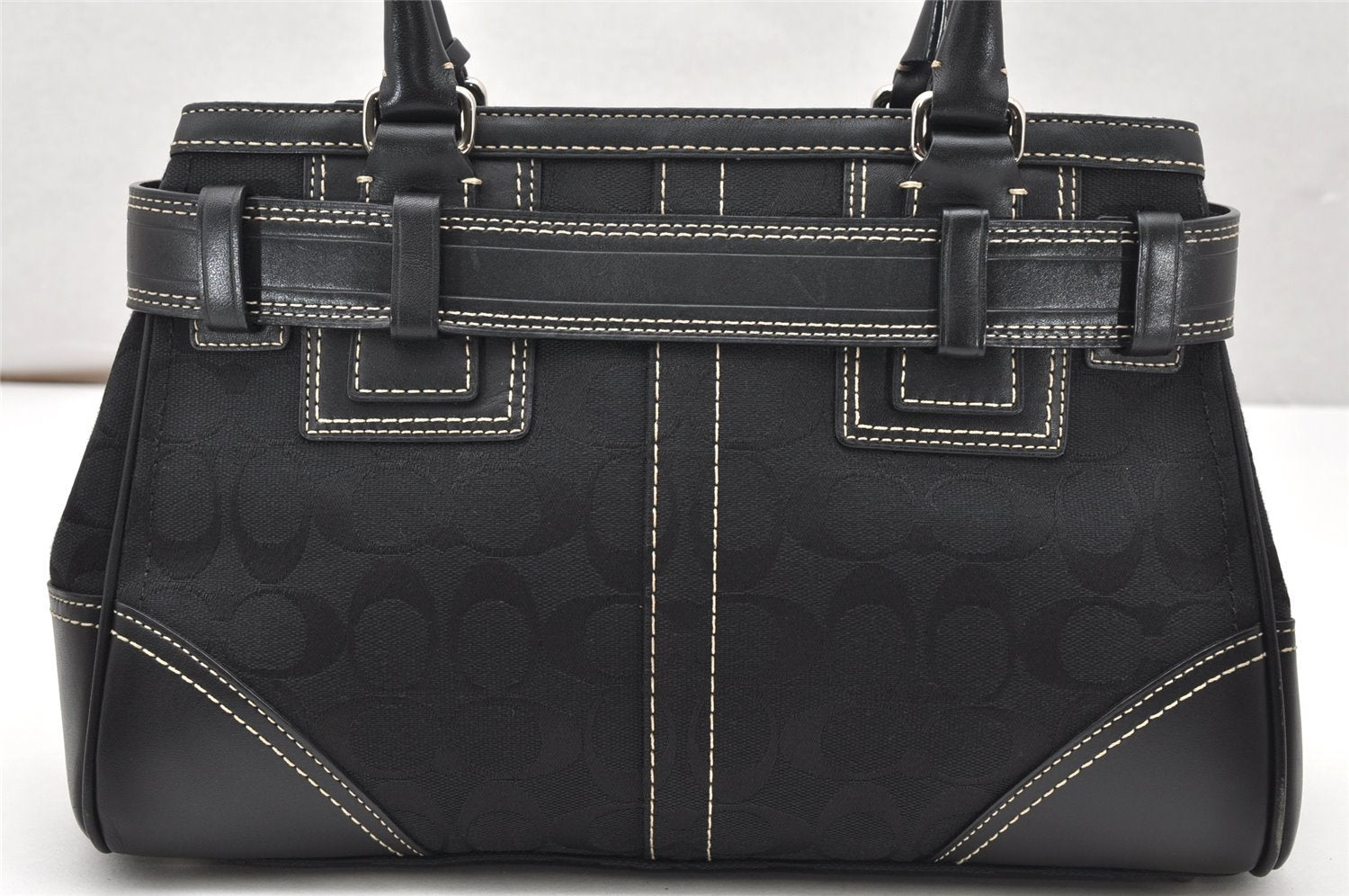 Authentic COACH Signature Hand Bag Purse Canvas Leather 10245 Black 4239K