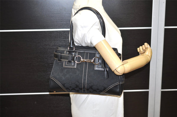 Authentic COACH Signature Hand Bag Purse Canvas Leather 10245 Black 4239K