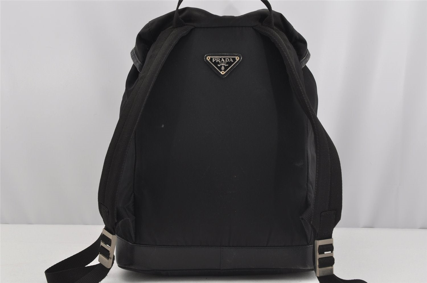 Authentic PRADA Vintage Nylon Tessuto Leather Drawstring Backpack Black 4242J