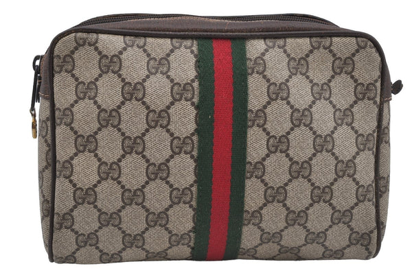 Authentic GUCCI Web Sherry Line Clutch Hand Bag GG PVC Leather Brown Junk 4243J