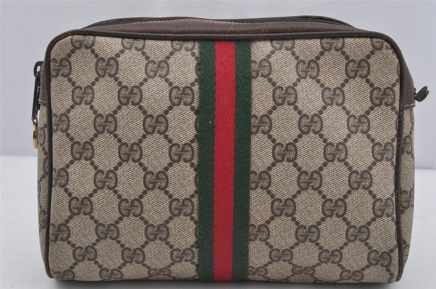 Authentic GUCCI Web Sherry Line Clutch Hand Bag GG PVC Leather Brown Junk 4243J